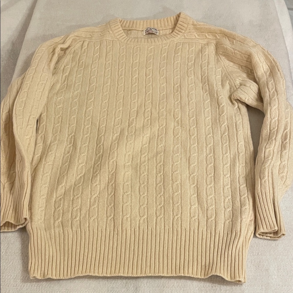 Neiman Marcus Cream Cable Knit Crewneck Sweater